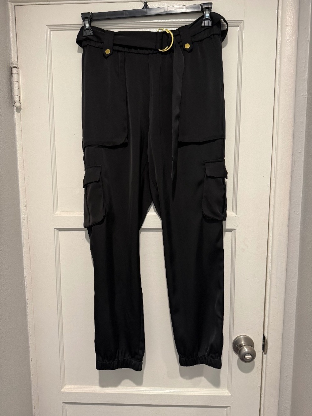Satin black cargo pants
